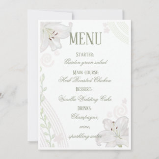 Hand drawn White Lily wedding menu card