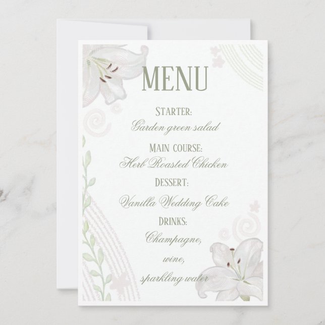 Hand drawn White Lily wedding menu card  (Front)