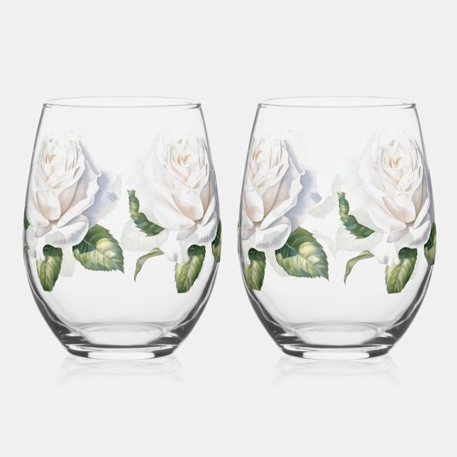 Hand Drawn White Roses Stemless Wine Glass (Front)