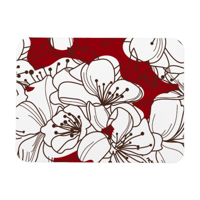 Hand Drawn White Wild Flowers on Red Magnet (Horizontal)