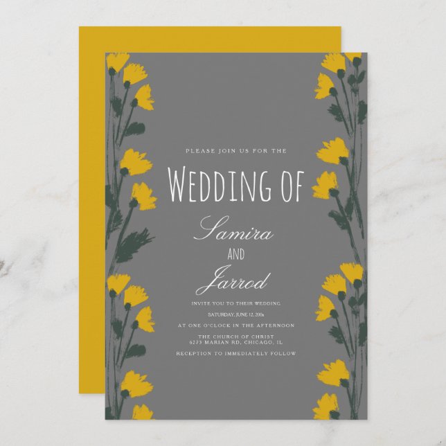 Hand-Drawn Wild Floral Botanical Yellow Wedding Invitation (Front/Back)