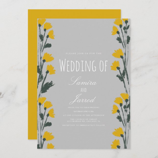 Hand-Drawn Wild Floral Botanical Yellow Wedding Invitation (Front/Back)