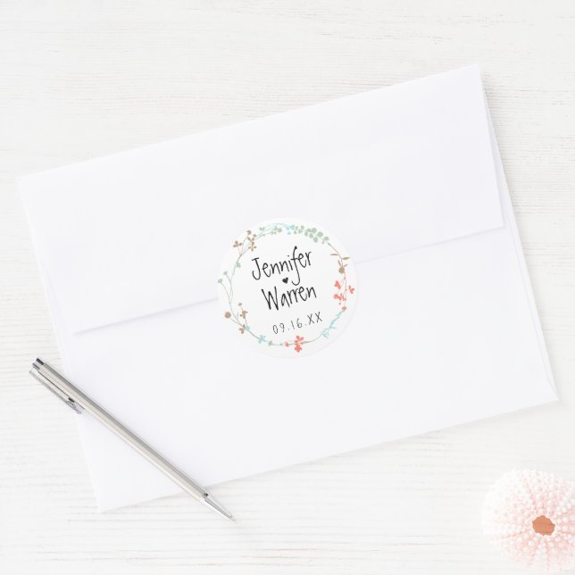 Hand Drawn Wildflower Wreath Personalised Classic Round Sticker (Envelope)