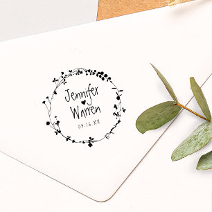 Hand Drawn Wildflower Wreath Personalised Wedding Rubber Stamp