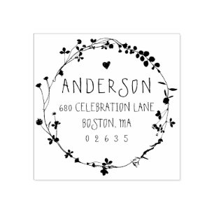 Hand Drawn Wildflower Wreath Return Address Rubber Stamp