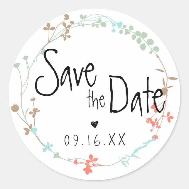 Hand Drawn Wildflower Wreath Save the Date Classic Round Sticker (Front)