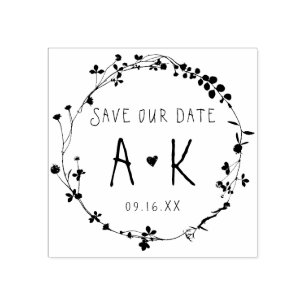 Hand Drawn Wildflower Wreath Save The Date Rubber Stamp