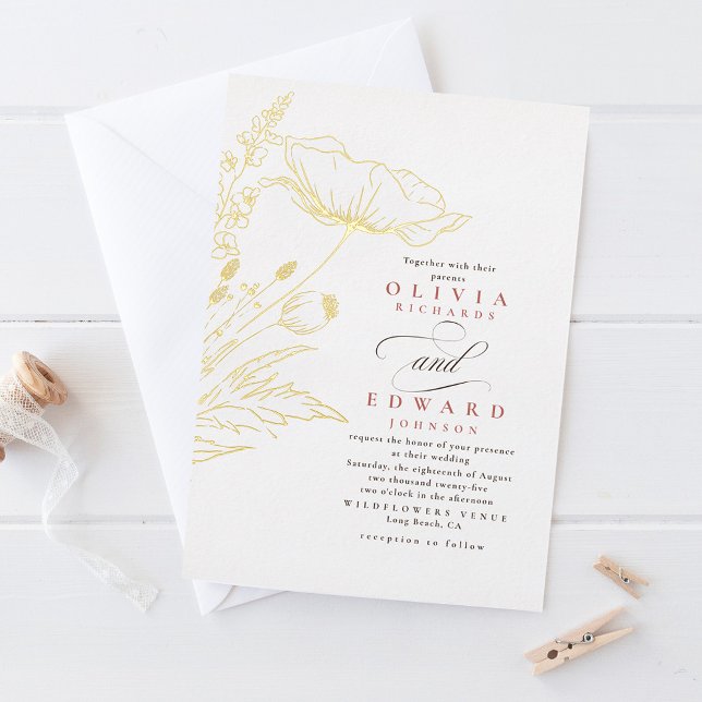 Hand-drawn Wildflowers Dusty Pink Elegant Wedding (Gold foil wildflowers wedding invites)