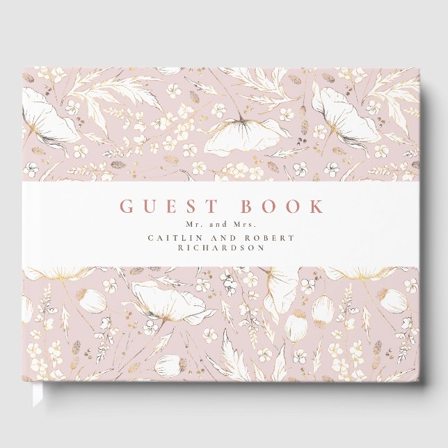 Hand-drawn Wildflowers Elegant Dusty Pink Wedding Guest Book (Front)