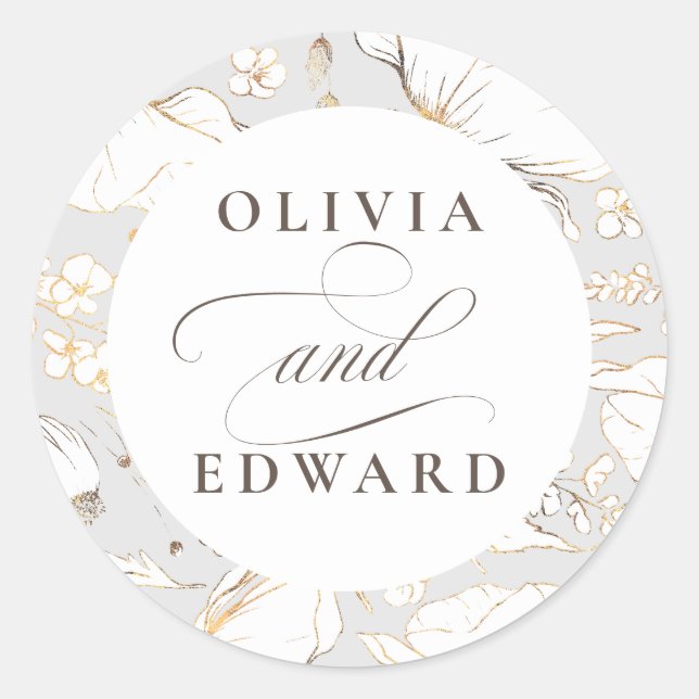 Hand-drawn Wildflowers Elegant Gold Wedding Classic Round Sticker (Front)