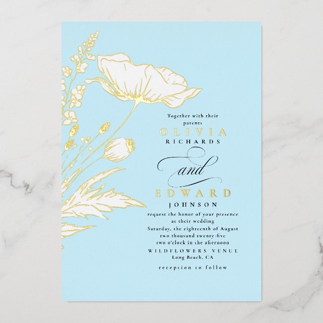 Hand-drawn Wildflowers Elegant Light Blue Wedding (Front)