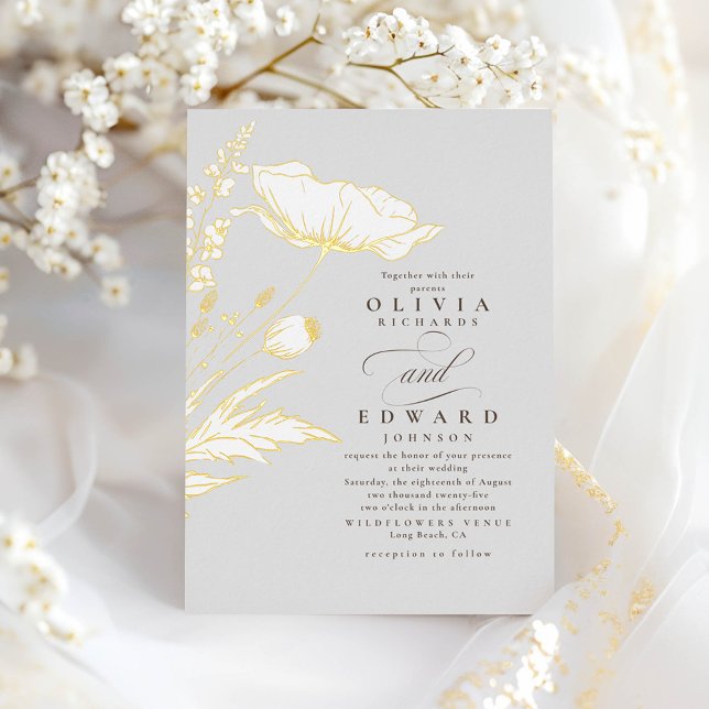 Hand-drawn Wildflowers Elegant Light Grey Wedding (Wildflowers Minimalist Real Gold Foil Wedding Invitations)