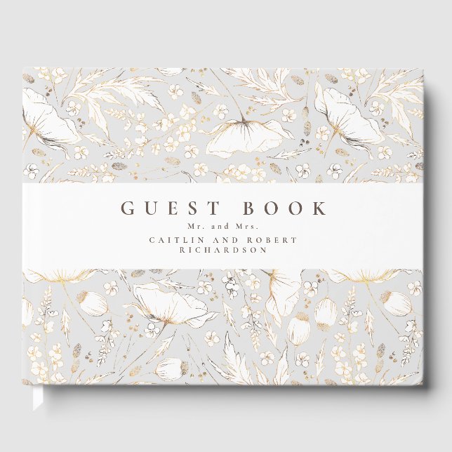 Hand-drawn Wildflowers Elegant Light Grey Wedding Guest Book (Front)