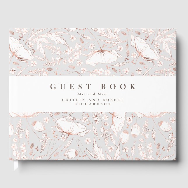 Hand-drawn Wildflowers Elegant Light Grey Wedding Guest Book (Front)
