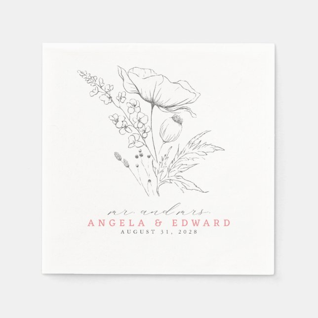 Hand-drawn Wildflowers Elegant Minimalist Wedding Napkin (Front)