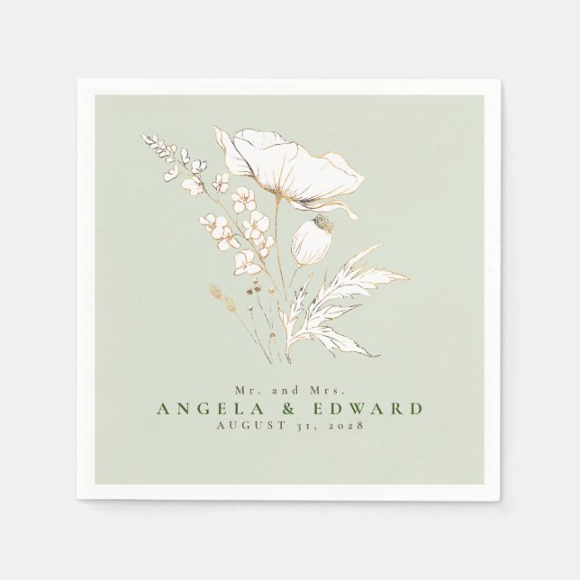 Hand-drawn Wildflowers Elegant Minimalist Wedding Napkin (Front)