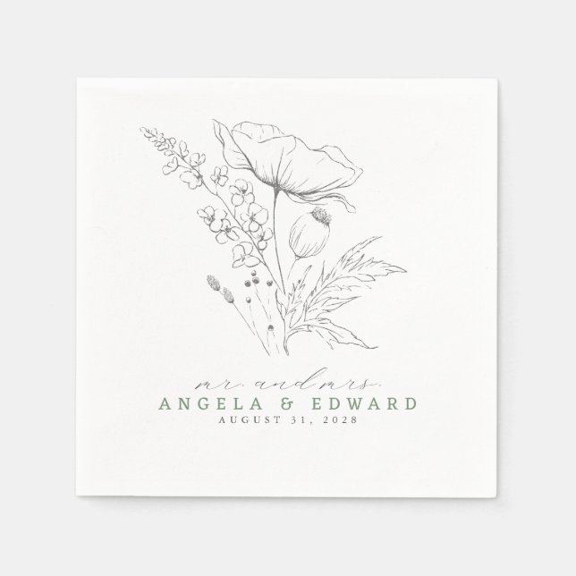 Hand-drawn Wildflowers Elegant Minimalist Wedding  Napkin (Front)