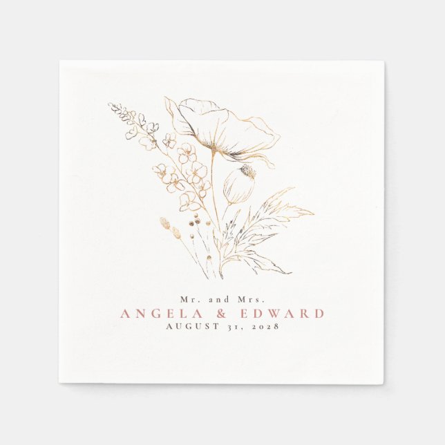 Hand-drawn Wildflowers Elegant Minimalist Wedding Napkin (Front)