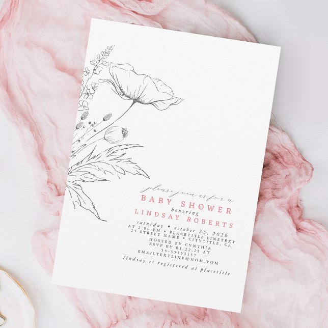 Hand-drawn Wildflowers Elegant Pink Baby Shower Invitation (Creator Uploaded)