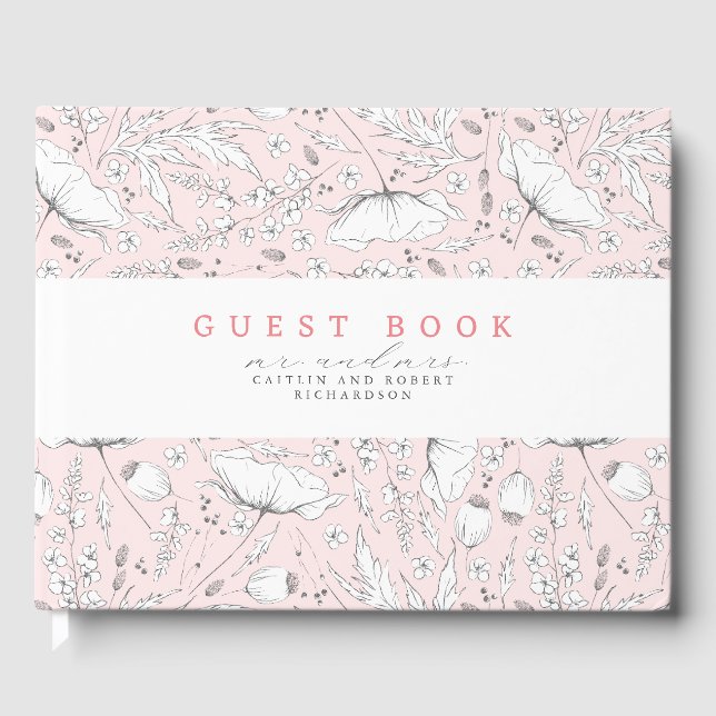 Hand-drawn Wildflowers Elegant Pink Wedding Guest Book (Front)