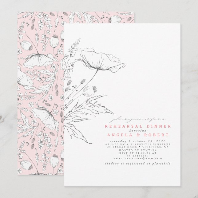 Hand-drawn Wildflowers Elegant Rehearsal Dinner Invitation (Front/Back)