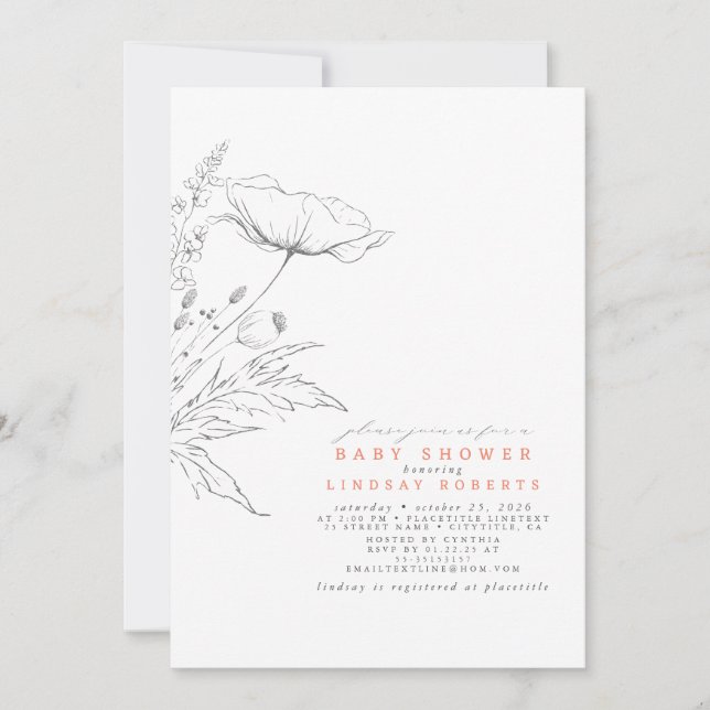 Hand-drawn Wildflowers Elegant Sage Baby Shower Invitation (Front)