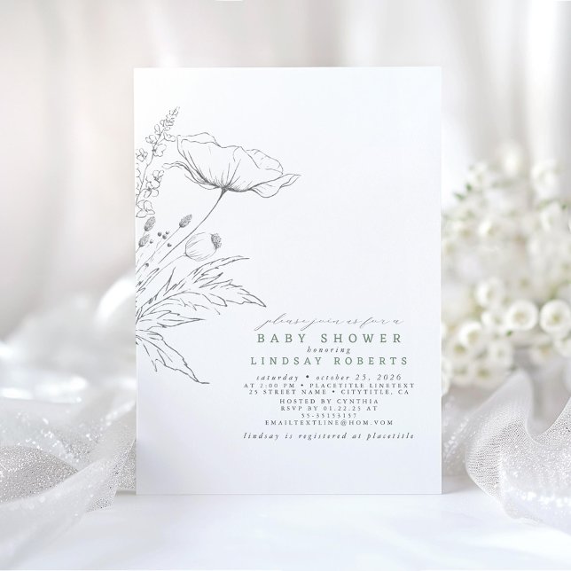 Hand-drawn Wildflowers Elegant Sage Baby Shower Invitation (Minimalist Baby Shower Invitations with Wildflowers)