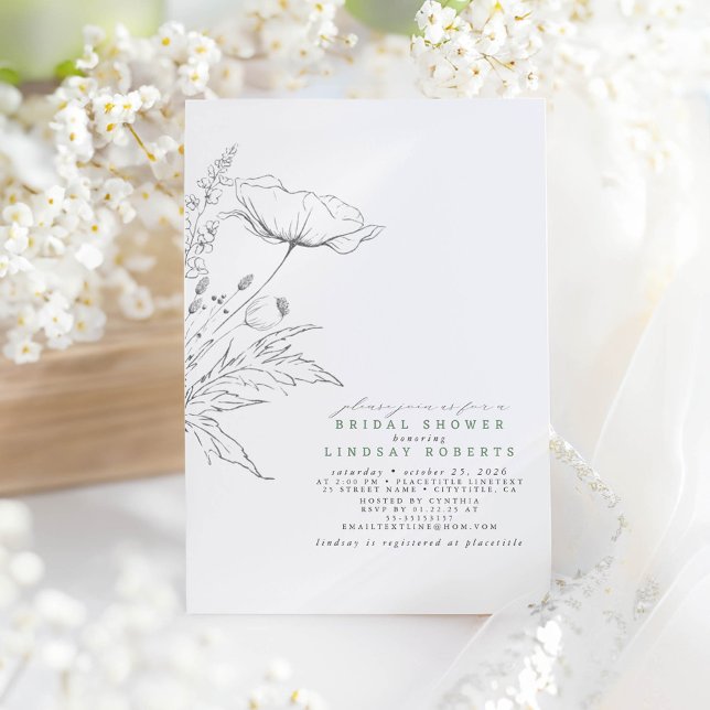 Hand-drawn Wildflowers Elegant Sage Bridal Shower Invitation (Wildflowers Drawing Minimalist Bridal Shower Invitation)