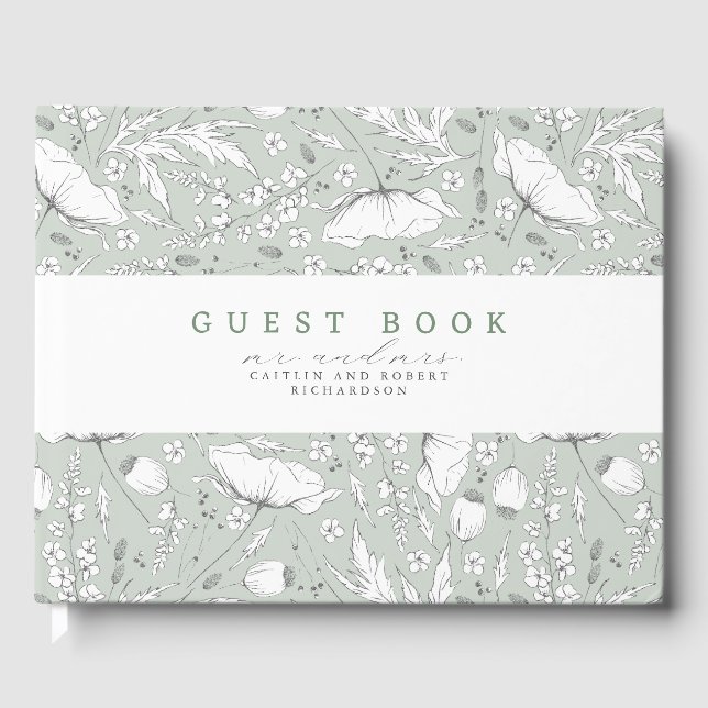Hand-drawn Wildflowers Elegant Sage Green Wedding Guest Book (Front)