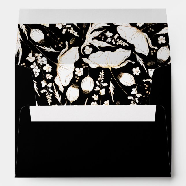 Hand-Drawn Wildflowers Gold Black Wedding Envelope (Back (Bottom))