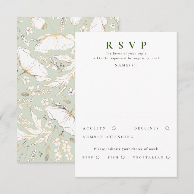 Hand-drawn Wildflowers Gold Wedding RSVP (Front/Back)