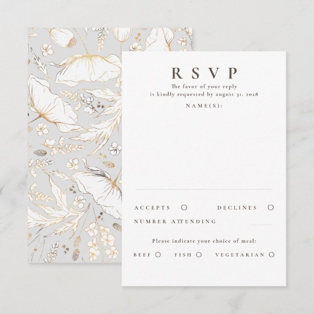 Hand-drawn Wildflowers Gold Wedding RSVP Card (Front/Back)