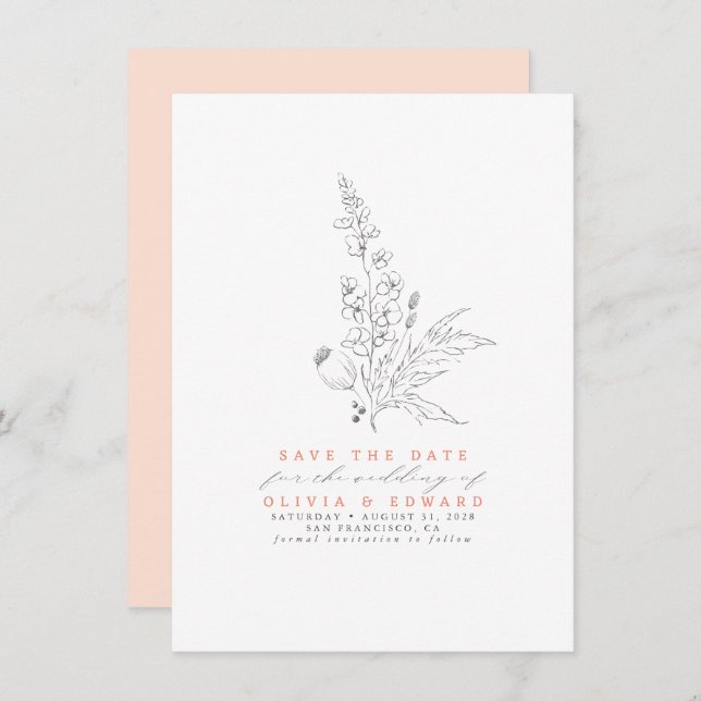 Hand-drawn Wildflowers Peach Colour Save the Date (Front/Back)