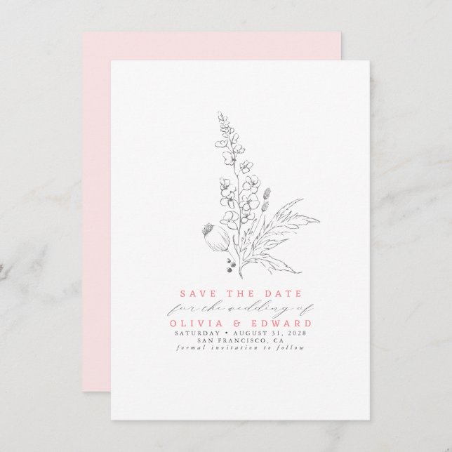 Hand-drawn Wildflowers Pink Save the Date (Front/Back)