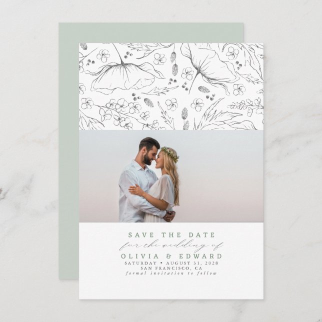 Hand-drawn Wildflowers Sage  Save the Date Photo (Front/Back)