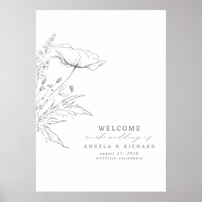 Hand-drawn Wildflowers Wedding Welcome Sign (Front)