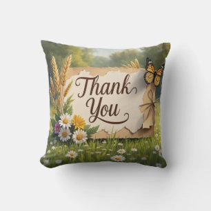 Hand drawn wildflowers, wheat stalks, butterflies cushion