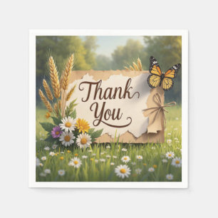 Hand drawn wildflowers, wheat stalks, butterflies napkin