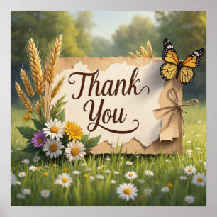 Hand drawn wildflowers, wheat stalks, butterflies poster
