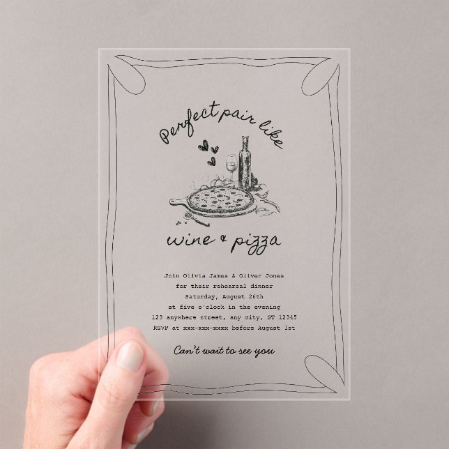 Hand drawn wine and pizza acrylic rehearsal dinner acrylic invitations (Insitu (Handheld))