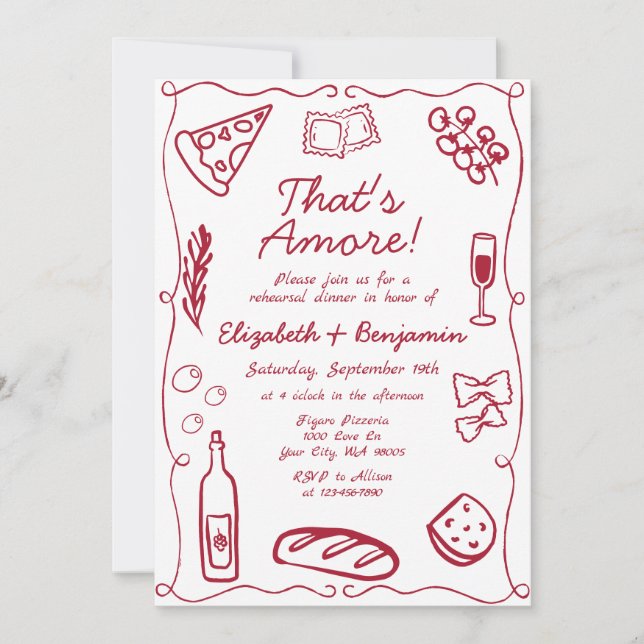 Hand Drawn Wine Red Retro Italian Rehearsal Dinner Invitation (Front)