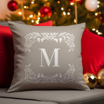 Hand Drawn Winter Foliage Monogram Christmas Cushion<br><div class="desc">This monogram Christmas throw pillow features hand drawn white winter foliage that frames the monogram. The monogram appears in white on a light tan background.</div>