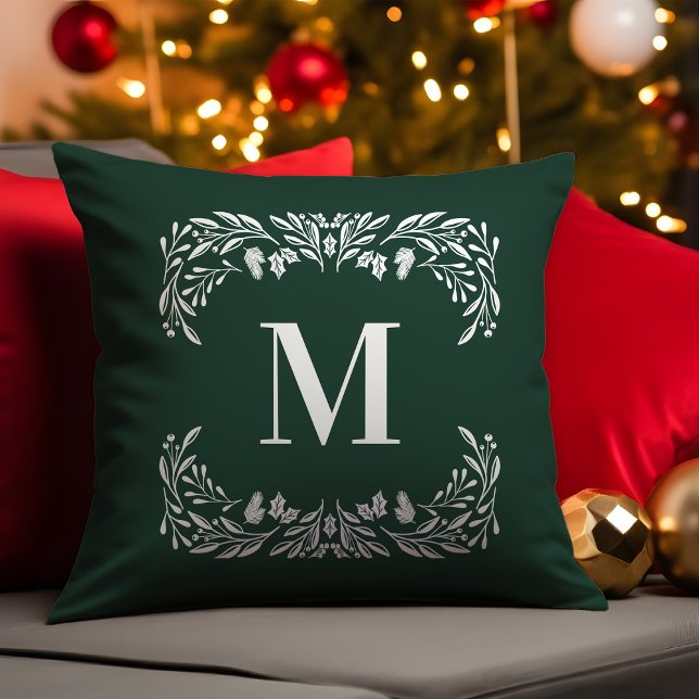 Hand Drawn Winter Foliage Monogram Christmas Cushion (Creator Uploaded)