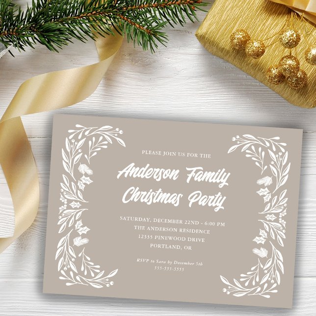 Hand Drawn Winter Greenery Family Christmas Party Invitation (Creator Uploaded)