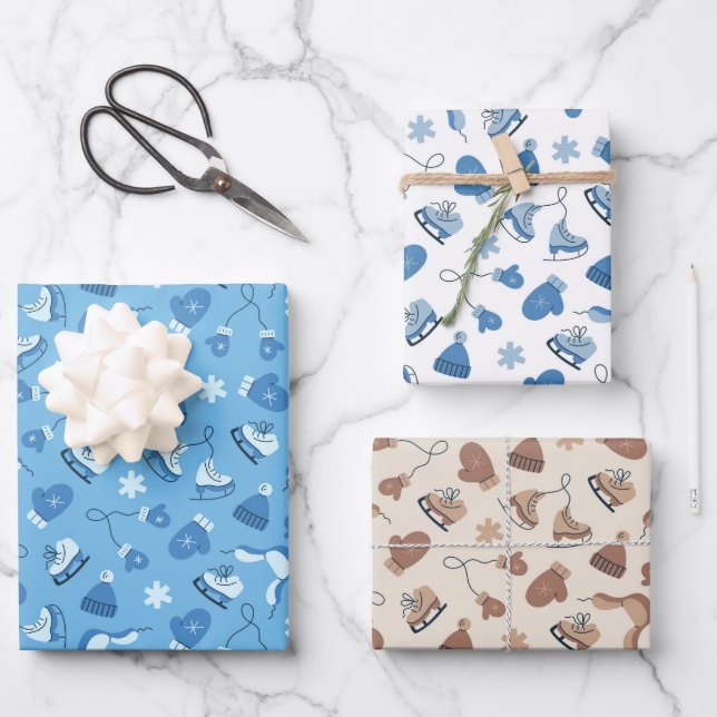 Hand Drawn Winter Pattern Blue Wrapping Paper Set1 (Front)
