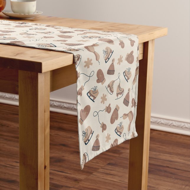 Hand Drawn Winter Print Brown Table Runner (In Situ)