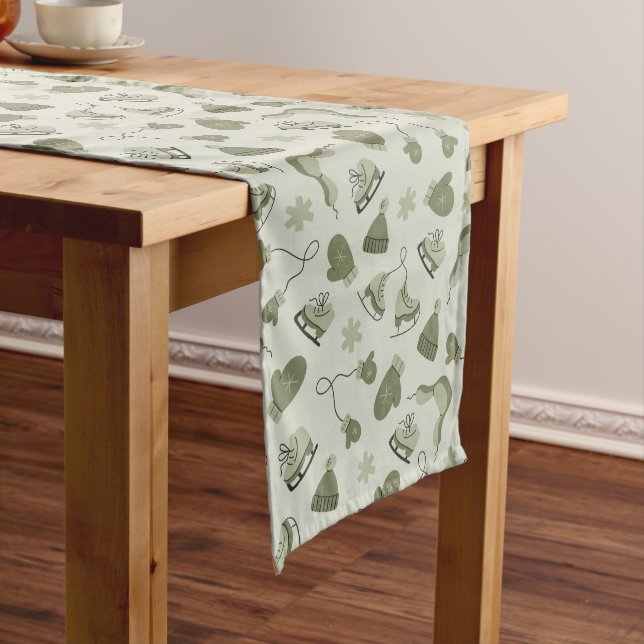 Hand Drawn Winter Print Olive Table Runner (In Situ)