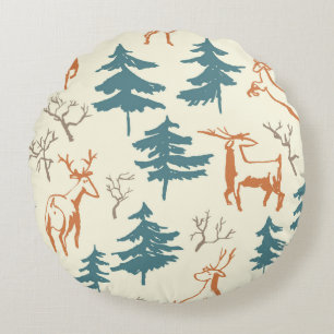 Hand drawn winter seamless pattern with deer and p round cushion