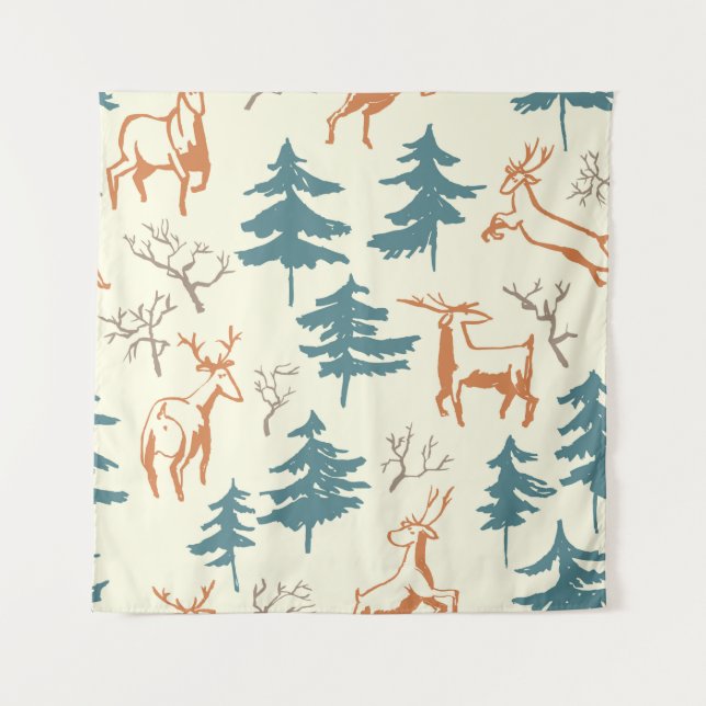 Hand drawn winter seamless pattern with deer and p tapestry (Front)