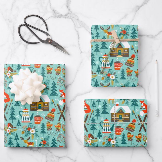 Hand Drawn Winter Skiing Wild Animals Nature Gift Wrapping Paper Sheet (Front)